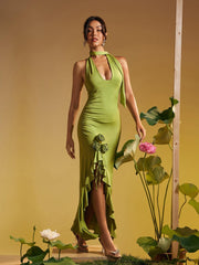 Alara Halterneck Flower Ruffle Maxi Dress In Green