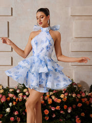 Alecto Backless Flower Printed Bow Mini Dress In Blue