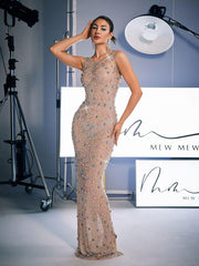Alfredo Scoop Neck Rhinestone Maxi Dress