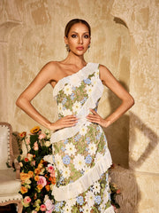 Aliona One Shoulder Flower Embroidered Maxi Dress