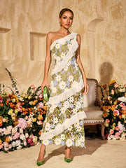 Aliona One Shoulder Flower Embroidered Maxi Dress