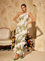 Aliona One Shoulder Flower Embroidered Maxi Dress