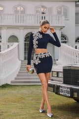 Almira Long Sleeve Flower Bandage Mini Skirt Set