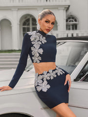Almira Long Sleeve Flower Bandage Mini Skirt Set