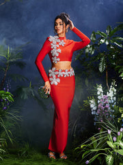 Almira Long Sleeve Flower Bandage Skirt Set In Red