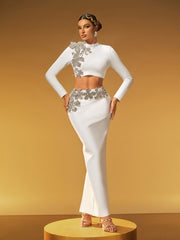 Almira Long Sleeve Flower Bandage Skirt Set In White