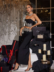 Almira Strapless Flower Bandage Skirt Set In Black