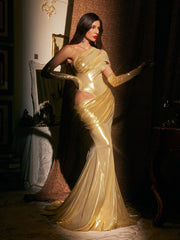 Althorin One Shoulder Metallic Maxi Dress In Gold With Gloves