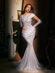 Althorin One Shoulder Metallic Maxi Dress In Silver With Gloves