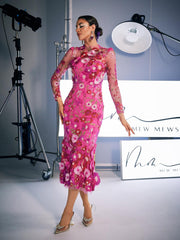 Amara Long Sleeve Embroidered Midi Dress In Hot Pink