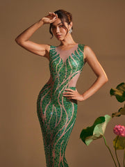 Anabia Round Neck Printed Rhinestone Maxi Dress