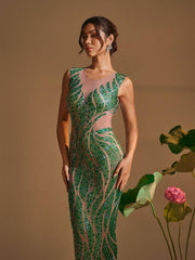 Anabia Round Neck Printed Rhinestone Maxi Dress