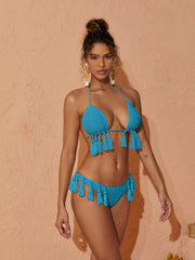 Argelia Knitted Tassel Bikini Two Piece Set In Blue