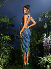 Arlo Halterneck Backless Hollow Midi Dress In Green