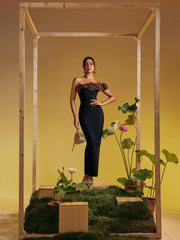 Arnau One Shoulder Flower Bandage Maxi Dress In Gold