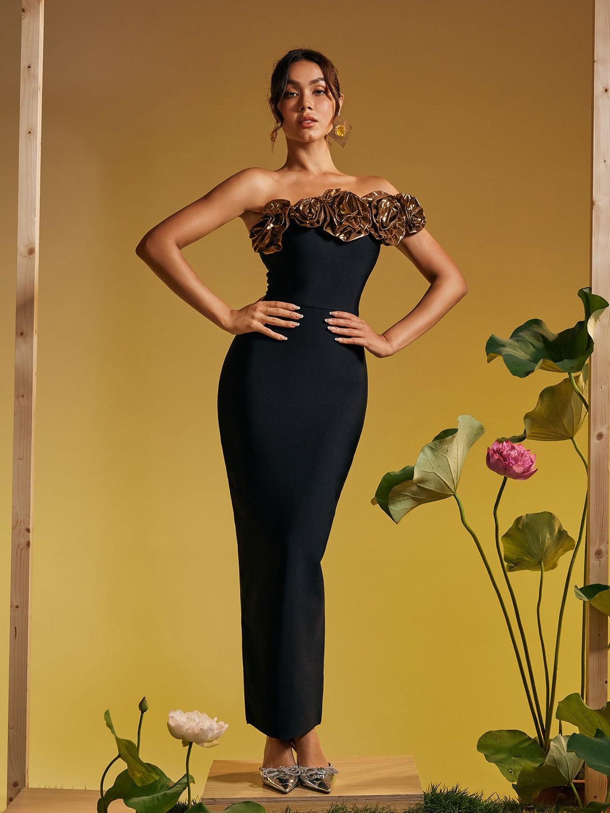 Arnau One Shoulder Flower Bandage Maxi Dress In Gold