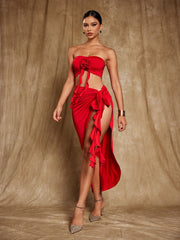 Arrietty Flower Draped Split Skirt Set In Red