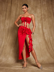 Arrietty Flower Draped Split Skirt Set In Red