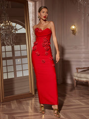 Arushi Strapless Flower Bandage Dress In Red