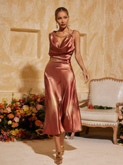 Aryndriel Sleeveless Cowl Neck Satin Midi Dress
