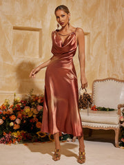 Aryndriel Sleeveless Cowl Neck Satin Midi Dress