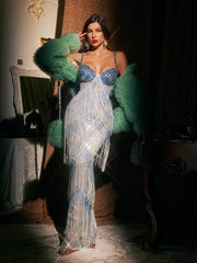 Aryssa Spaghetti Fringe Embellished  Maxi Dress