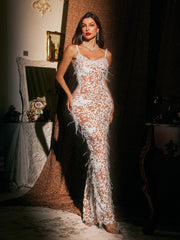 Aryx Spaghetti Pearl Feather Maxi Dress