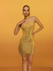 Aryxia Crystal Fringe Chain Mini Dress