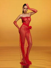 Asterra Strapless Pearl Mesh Maxi Dress