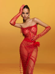 Asterra Strapless Pearl Mesh Maxi Dress