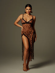 Astragal Spaghetti Leopard Split Midi Dress