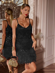 Austyn Tassel Feather Mini Dress In Black