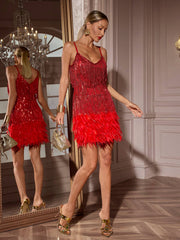 Austyn Tassel Feather Mini Dress In Red