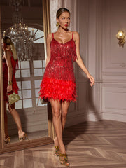 Austyn Tassel Feather Mini Dress In Red