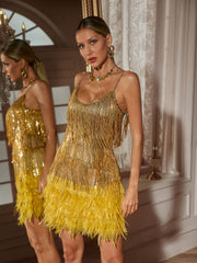 Austyn Tassel Feather Mini Dress In Gold