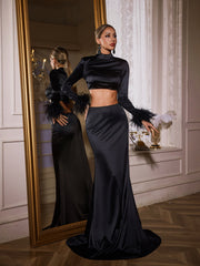 Avalee Long Sleeve Feather Satin Skirt Set