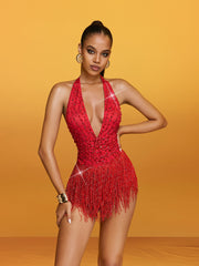 Avena Plunge Neck Fringe Crystal Bodysuit