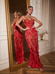 Avital Strapless Flower Maxi Dress In Red
