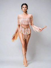 Axiom Long Sleeve Fringe Bodysuit In Nude