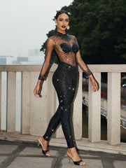Azami Mesh Crystal Jumpsuit In Black