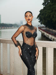 Azami Mesh Crystal Jumpsuit In Black