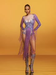 Azhrik Rhinestone Glitter Fringe Bodysuit