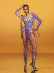 Azhrik Rhinestone Glitter Fringe Bodysuit
