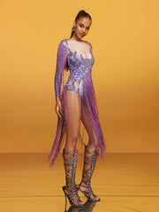 Azhrik Rhinestone Glitter Fringe Bodysuit