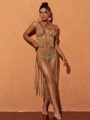 Berlin Knit Fringe Bikini Two Piece Set In Brown