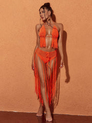 Berlin Knit Fringe Bikini Two Piece Set In Orange