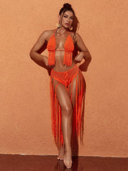 Berlin Knit Fringe Bikini Two Piece Set In Orange