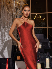 Bluma Halterneck Fringe Maxi Dress In Rust Red