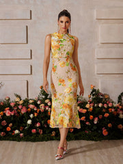 Braxis Sleeveless Flower Embroidered Midi Dress