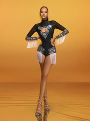 Brazak Cutout Rhinestone Fringe Bodysuit